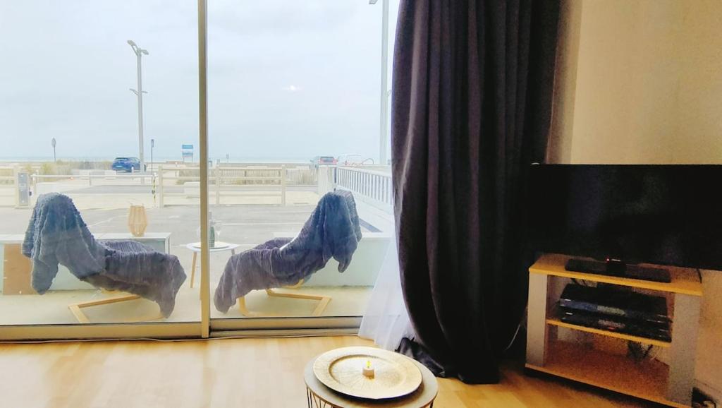 a glass window with a horse statue in a room at Face Mer Parking 4 personnes wifi in Berck-sur-Mer