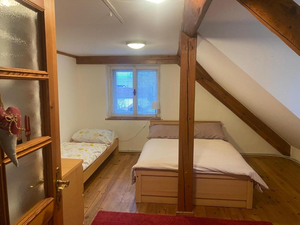 una camera con 2 letti a castello e una finestra di Apartmány Dolní Vítkov a Chrastava
