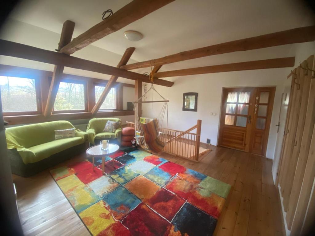 un soggiorno con divano verde e tappeto colorato di Apartmány Dolní Vítkov a Chrastava