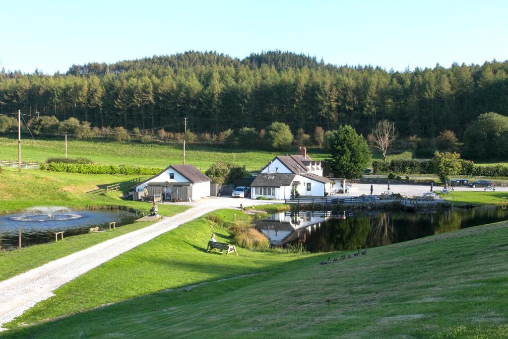 a view of a river with houses and a road at Harrison's Cottage in Llandegla