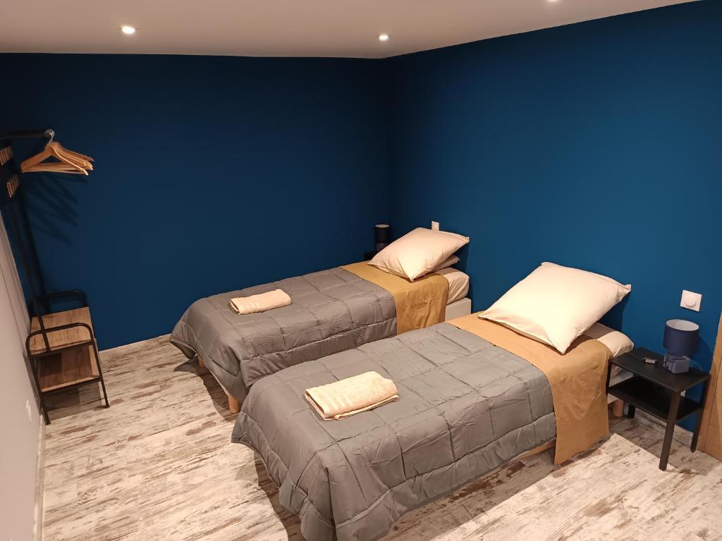two beds in a room with a blue wall at Le tilleul in Saint-Galmier