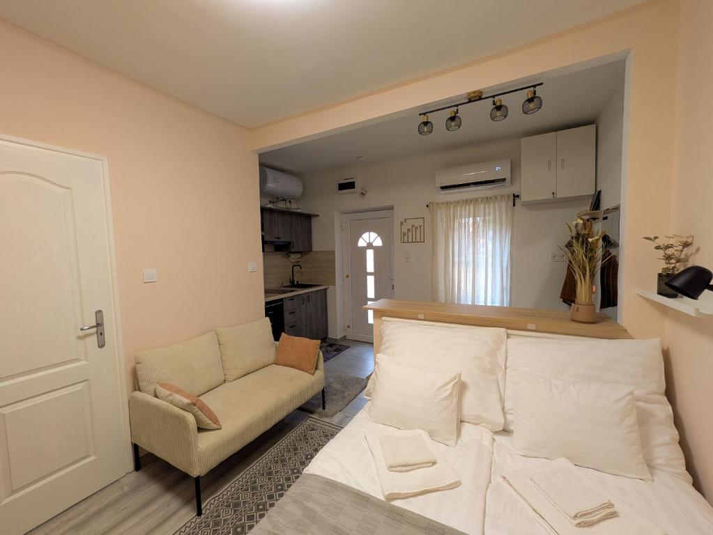 a living room with a bed and a couch at Frasolis Studio Apartman in Szeged