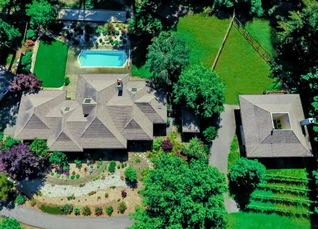 an overhead view of a house with a roof at Luxe Villa Estate, Sonoma, Private Creek, Hot Tub, Pool, Bocce in Sebastopol
