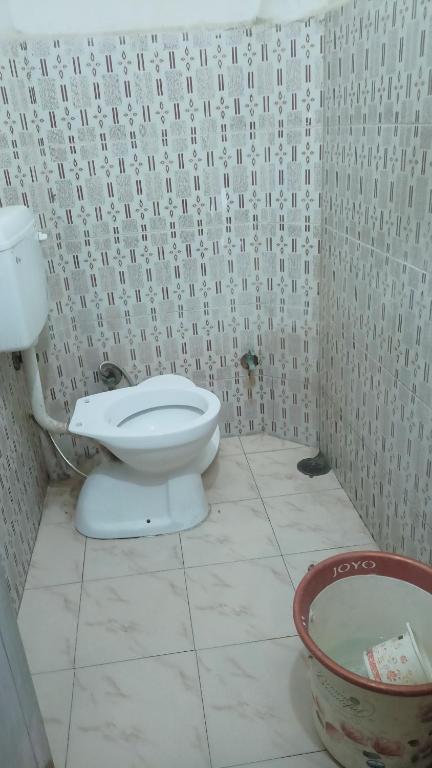 ein Bad mit einem WC in einer gefliesten Wand in der Unterkunft Star hostel 3 km from sangam in Prayagraj
