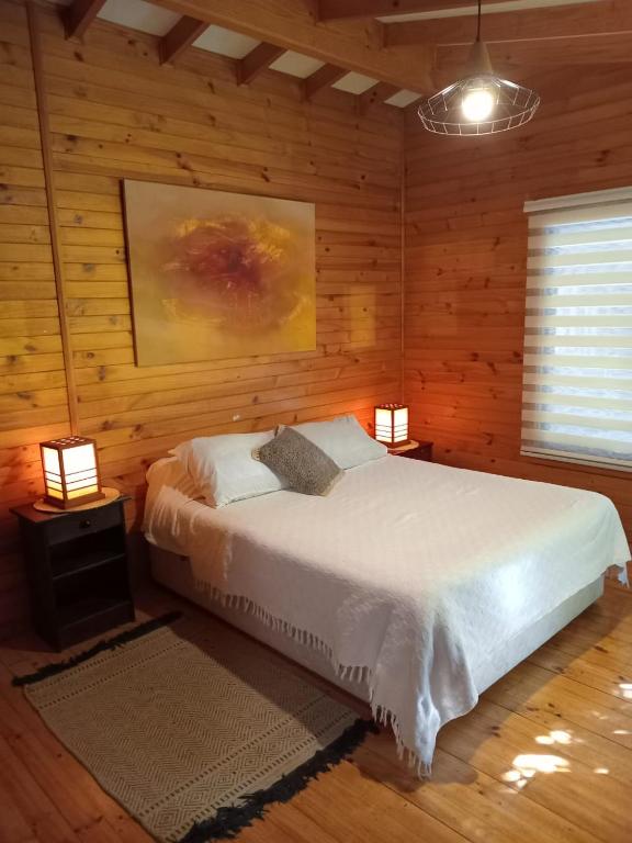 a bedroom with a bed in a wooden room at Raki Bed and Breakfast Hostel in Trape