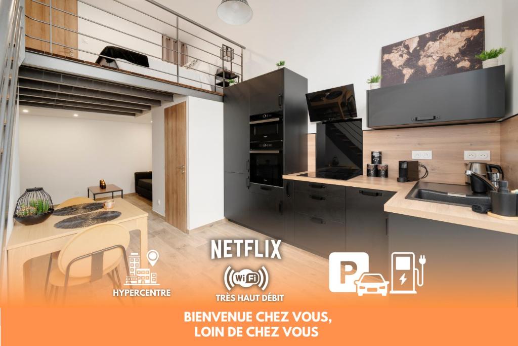 an advertisement for a kitchen in a house at L'Eden d'Elyse - Duplex premium- parking gratuit in Nancy