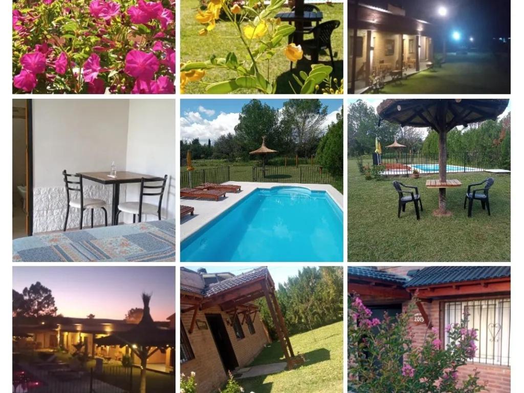 a collage of photos with a pool and flowers at Posada Entre Dos in Mina Clavero