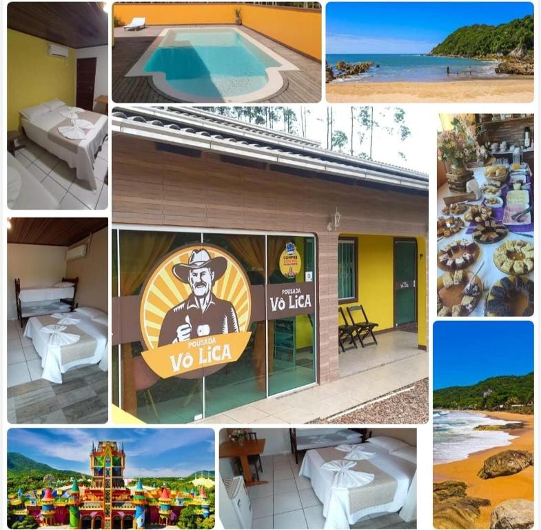 a collage of pictures of a resort with a sign at Pousada Vô Lica com piscina in Penha
