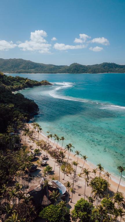 an aerial view of a beach with palm trees and the ocean at Dryft Darocotan Island in El Nido