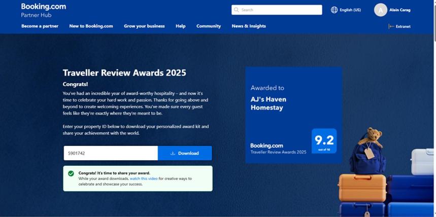 Certifikát, hodnocení, plakát nebo jiný dokument vystavený v ubytování AJ's Haven Homestay