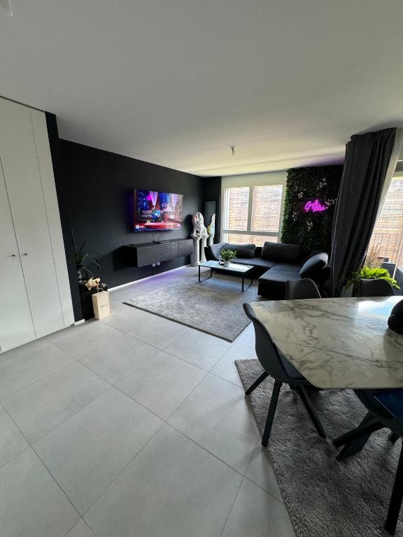 a living room with a couch and a tv at Modern apartment in Renens