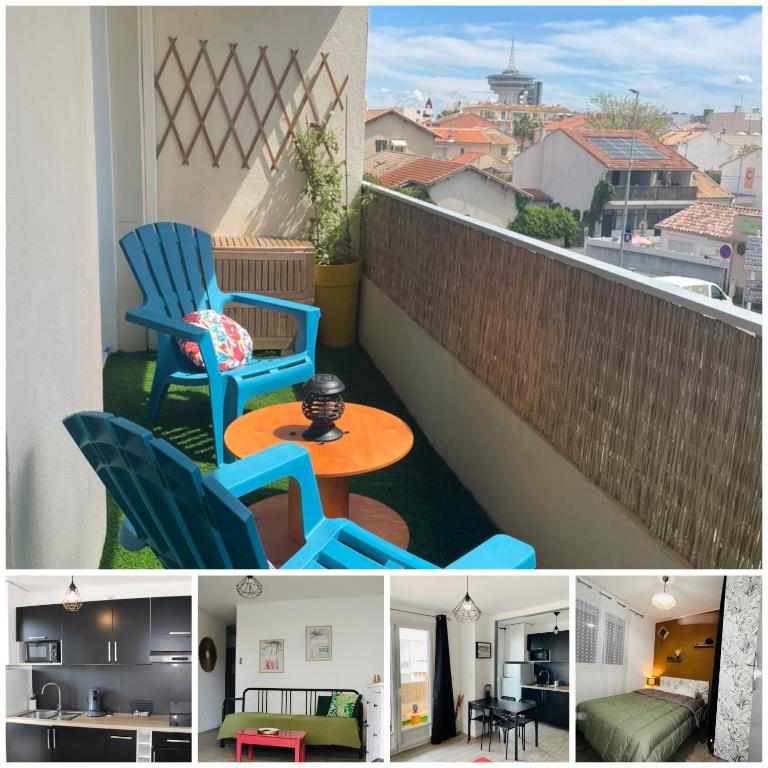 une chambre avec deux chaises et une table sur un balcon dans l'établissement M T2 climatisé à100m de la plage ,des bateaux ,des commerces, Une terrasse ensoleillée, à Palavas-les-Flots