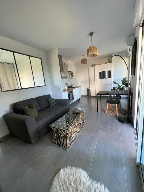 un salon avec un canapé et une table dans l'établissement Apartment in Montpellier, à Montpellier