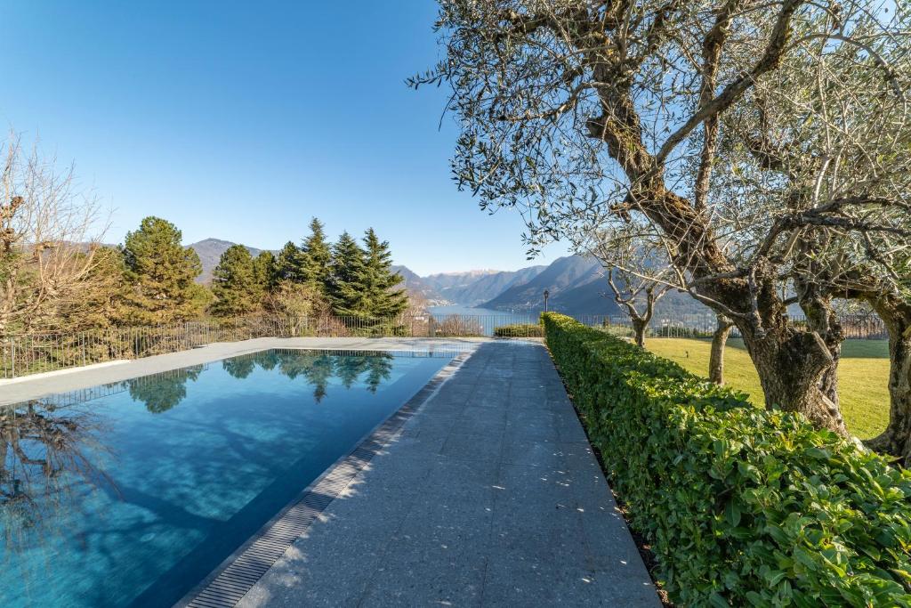 科莫Alex's Luxury Lake View Apt Pool and Tennis的一座以树木和山脉为背景的游泳池