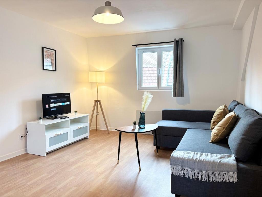 un salon avec un canapé et une télévision dans l'établissement Renovated apartment for 6 guests - Roubaix, à Roubaix