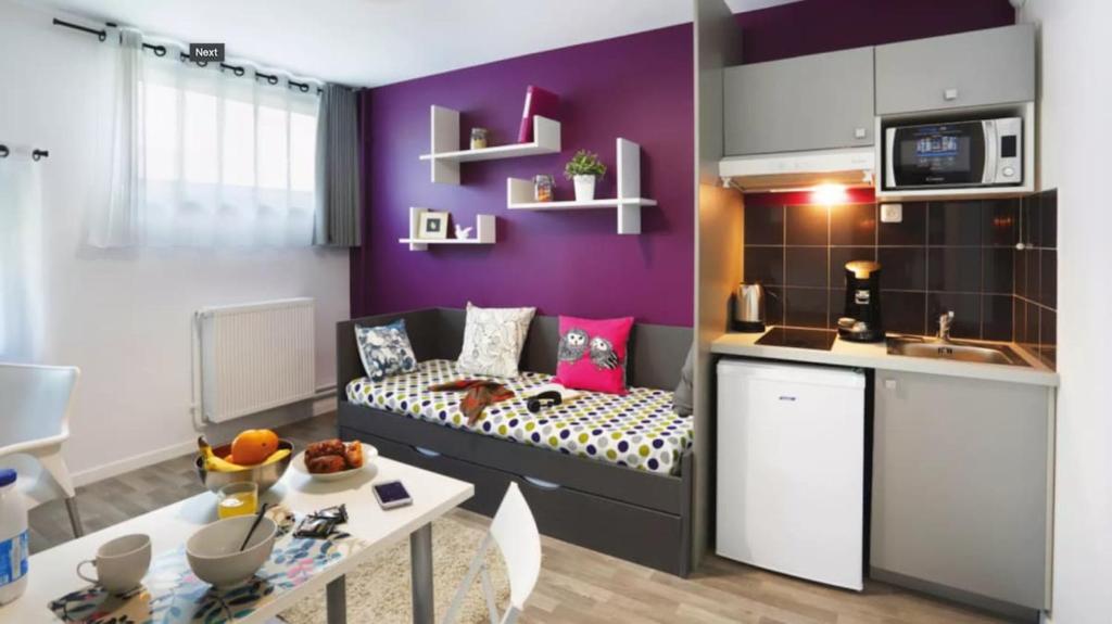 un petit salon avec un canapé et une cuisine dans l'établissement Studio moderne et privé, à Roubaix