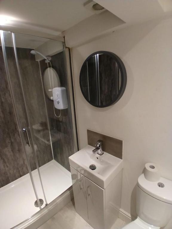 a bathroom with a shower and a toilet and a sink at Flat 5 - Eign St Hereford in Hereford