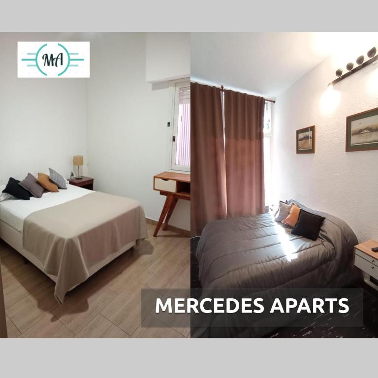 a hotel room with two beds and the words mercedes agents at Mercedes Aparts in Mercedes