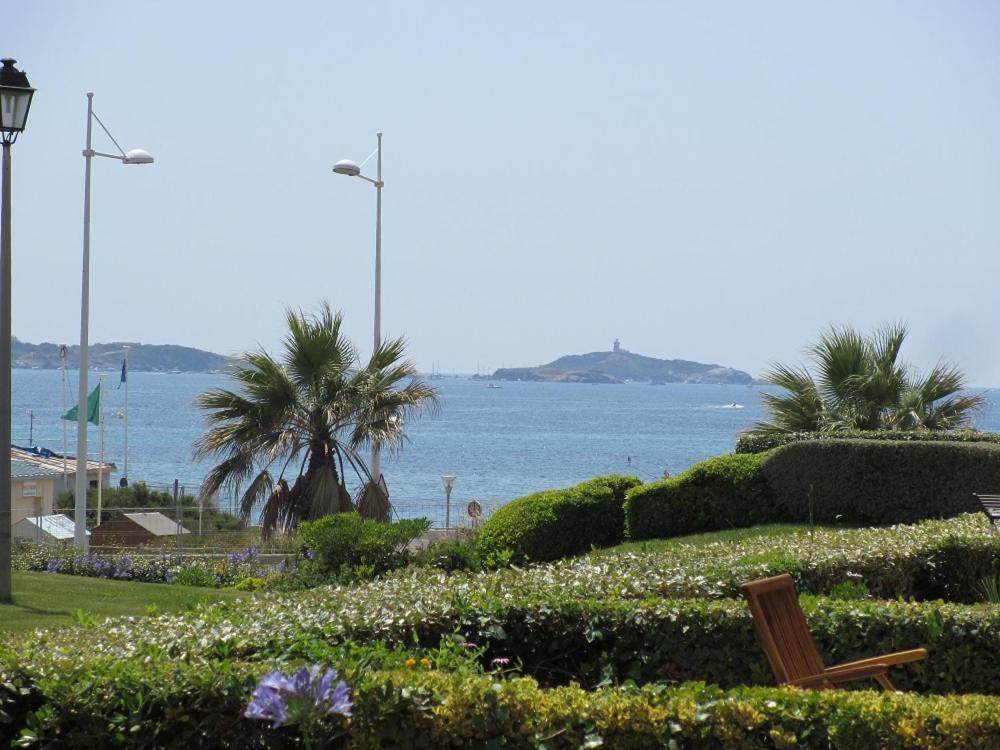 - un parc avec vue sur l'océan et les palmiers dans l'établissement T2 Rez de Jardin face à la mer 100m plages Six-Fours-les-Plages, à Six-Fours-les-Plages