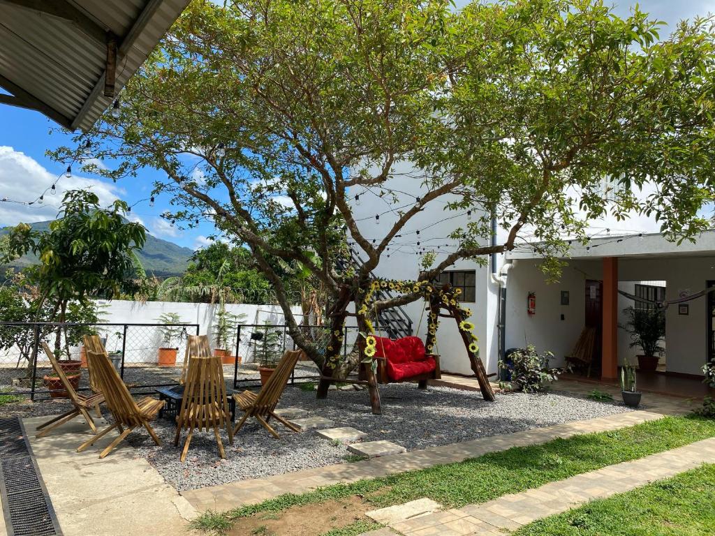 un grupo de sillas y un columpio bajo un árbol en SimpleSerenity Country House, en Juayúa