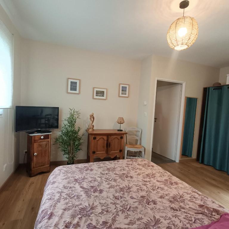 une chambre avec un lit et une télévision à écran plat dans l'établissement la chambre de Valérie, à Saint-Bonnet-de-Mure