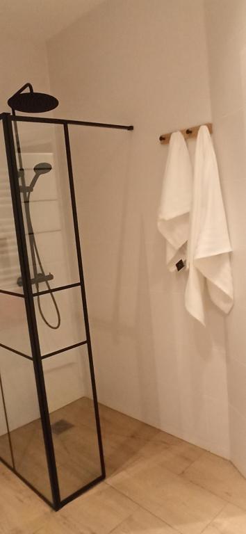 a glass rack with white towels hanging on a wall at Studio Żdanowska Zamość in Zamość