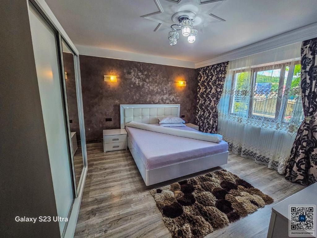 a bedroom with a bed and a window at Pensiunea Alexia in Novaci
