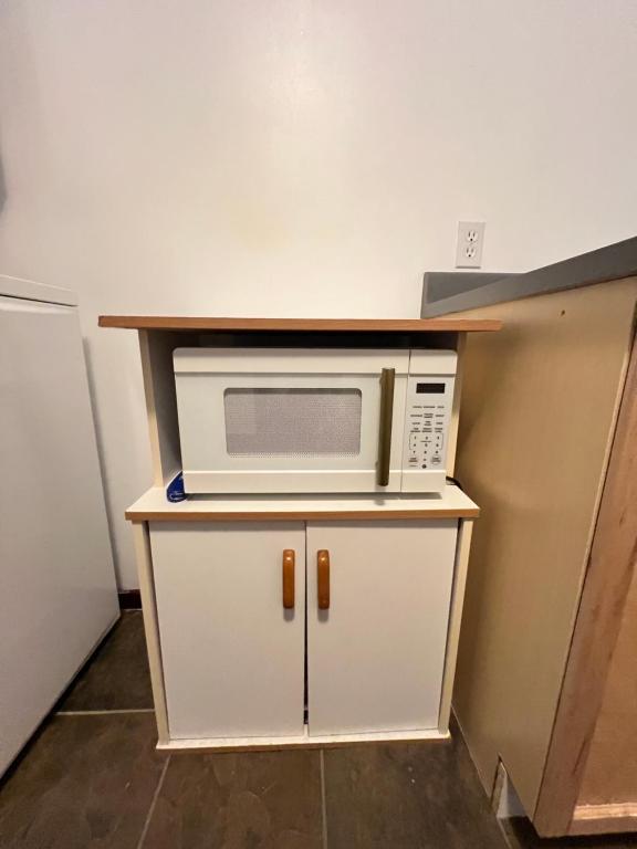 a microwave sitting on top of a white cabinet at Downtown Home Whitehorse in Whitehorse