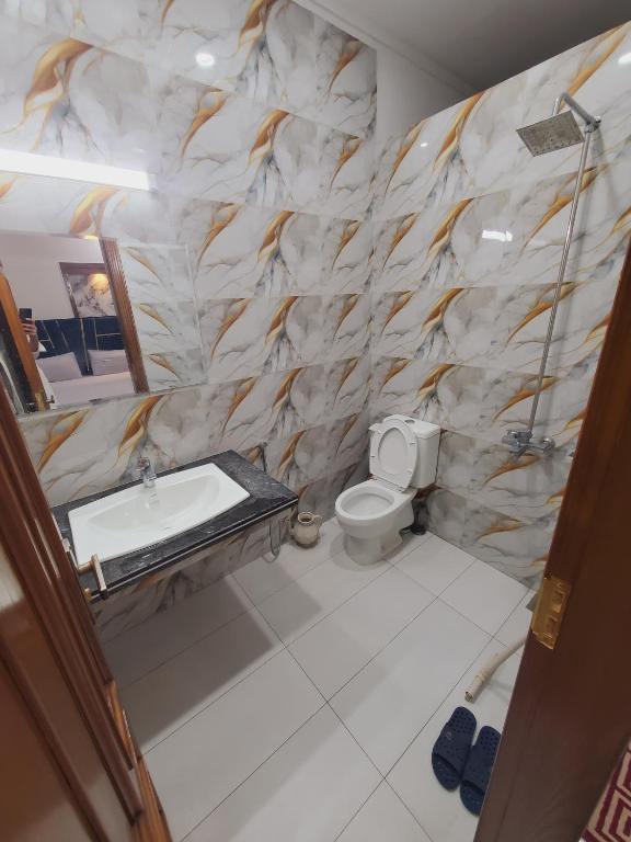 a bathroom with a sink and a toilet at Kashees Lodges in Islamabad