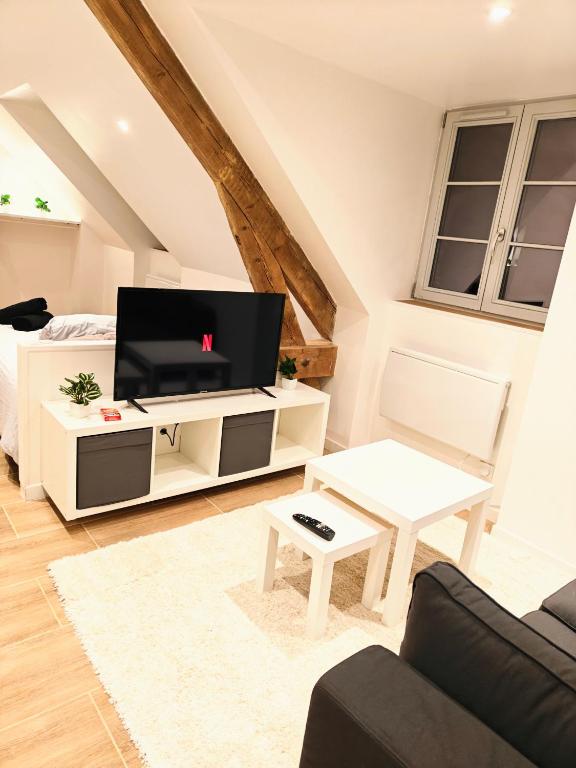 TV a/nebo společenská místnost v ubytování L'évasion Relax Châtel Guyon avec jacuzzi privé