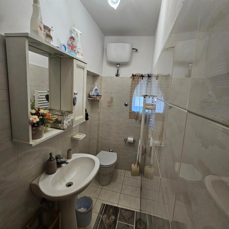 e bagno con lavandino, servizi igienici e doccia. di B&B Il Grifo a Bomarzo
