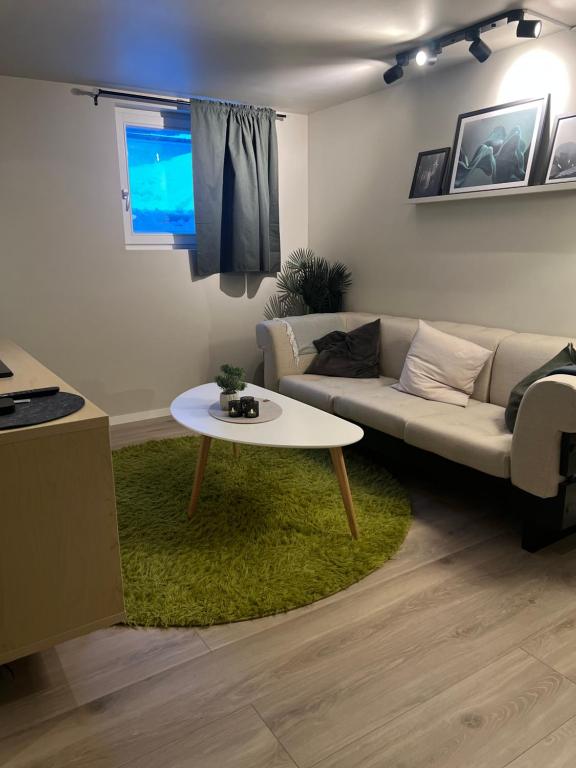 a living room with a couch and a table at Bright and pleasant basement apartment near downtown, Lys og trivelig kjellerleilighet i sentrumsnært in Kirkenes