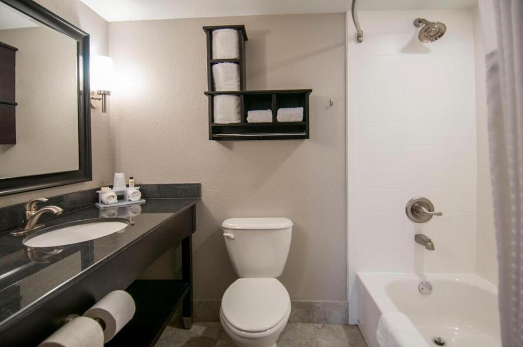 un bagno con un water, un lavandino e una vasca di 2 Queen Beds Hotel Room 242 a Jackson