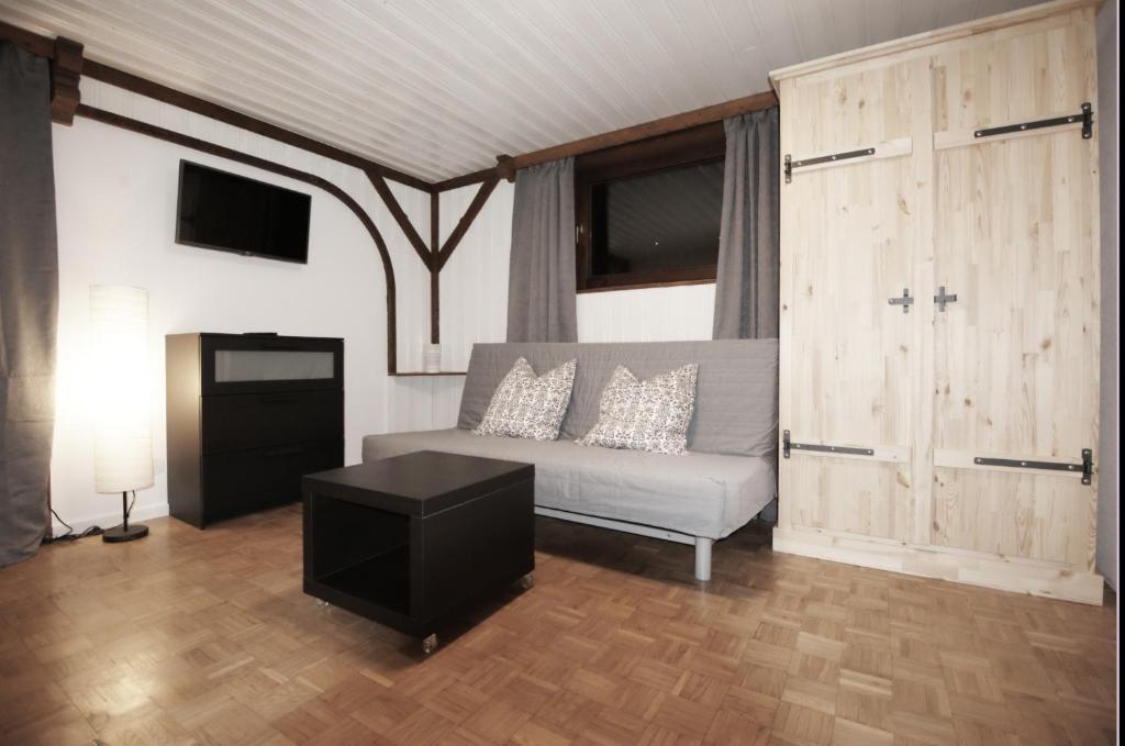 ein Wohnzimmer mit einem Sofa und einem Tisch in der Unterkunft Apartment ILWA in Schladming