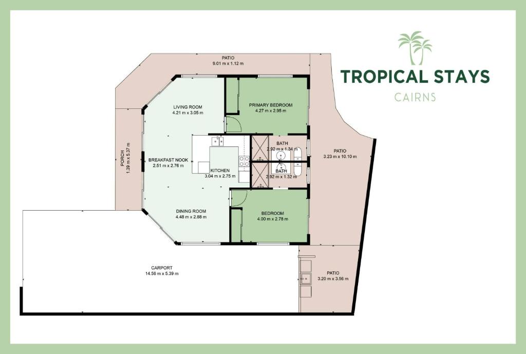 a floor plan of the tropical stays villas at Green Cottage Trinity Beach Pet friendly BBQ in Trinity Beach