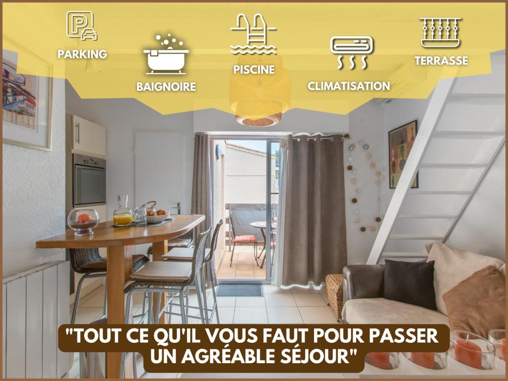 Habitación con mesa y comedor. en L'Intimate Sahara - Piscine - Tennis - Clim, en Cap d'Agde