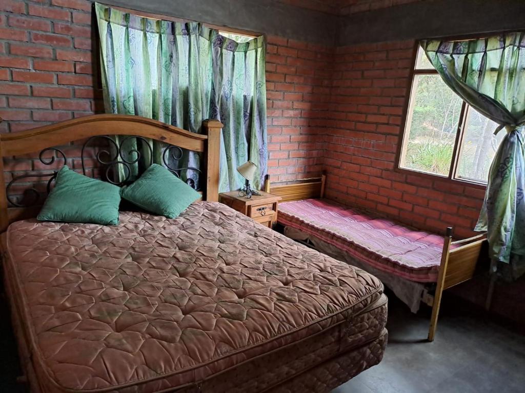 ein Schlafzimmer mit großem Bett und Fenster in der Unterkunft Acogedora Cabaña Vacacional en los Yungas in Chirca