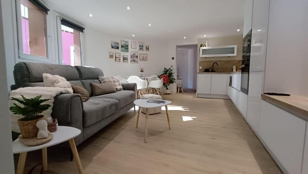 un salon avec un canapé et une cuisine dans l'établissement Beau T2 refait à neuf, à Brides-les-Bains