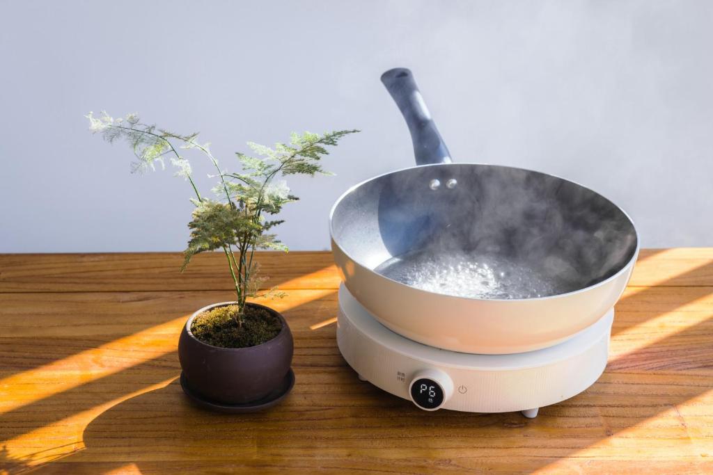 a plant in a pot next to a bowl on a table at Phoenix Tree Lodge in Fuli