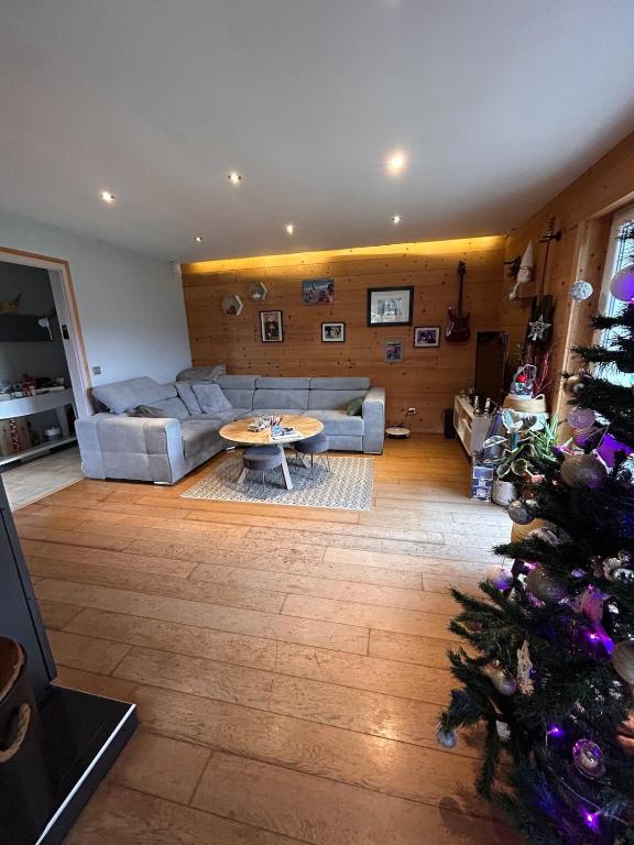 - un salon avec un canapé et un arbre de Noël dans l'établissement Appartement family, à Taninges
