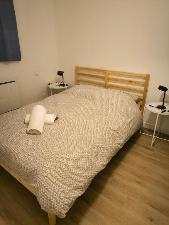 une chambre avec un lit avec une serviette dessus dans l'établissement t2 spacieux proche zénith&aéroport&purpan, à Toulouse