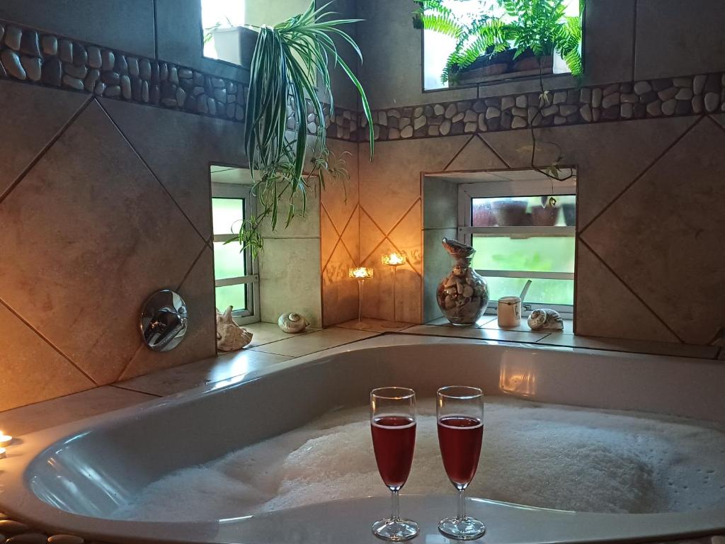 two glasses of wine in a bath tub at A Jungle House in Somerset West