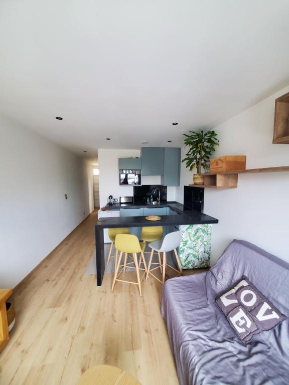 Il comprend une cuisine et un salon avec un canapé violet. dans l'établissement Appartement bord de mer, à Argelès-sur-Mer