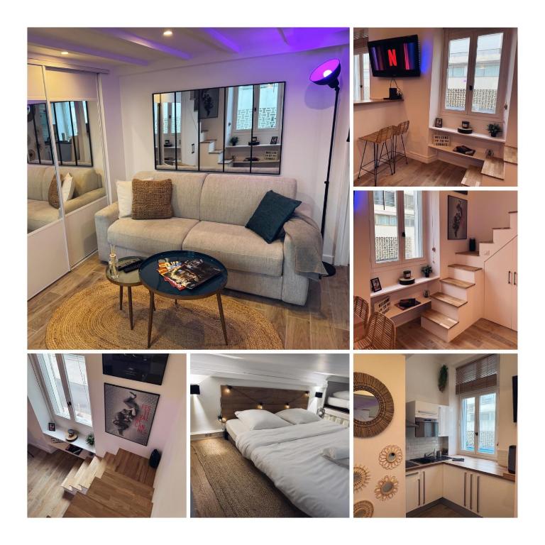 un collage de quatre photos d'un salon dans l'établissement Cannes Croisette Festival Plage Mer, à Cannes