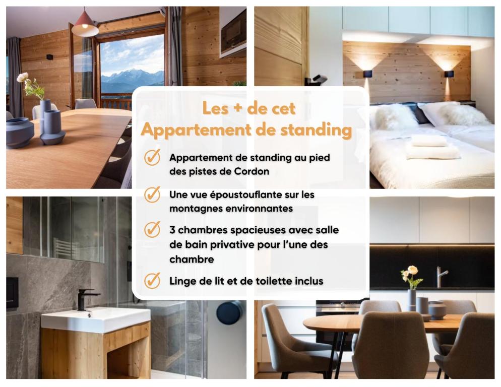 un collage de photos d'une chambre d'hôtel avec une affiche dans l'établissement Appartement de charme au pied des pistes de Cordon, à Cordon