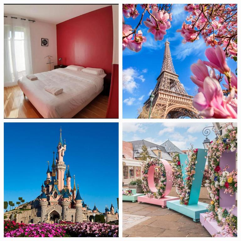 un collage d'images d'un complexe de disques dans l'établissement Disney, very nice 2 bedrooms family apartment, wifi, NETFLIX 8 pers, à Chessy