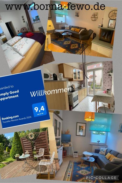 a collage of four pictures of a living room at Simply Good Appartment in Borna
