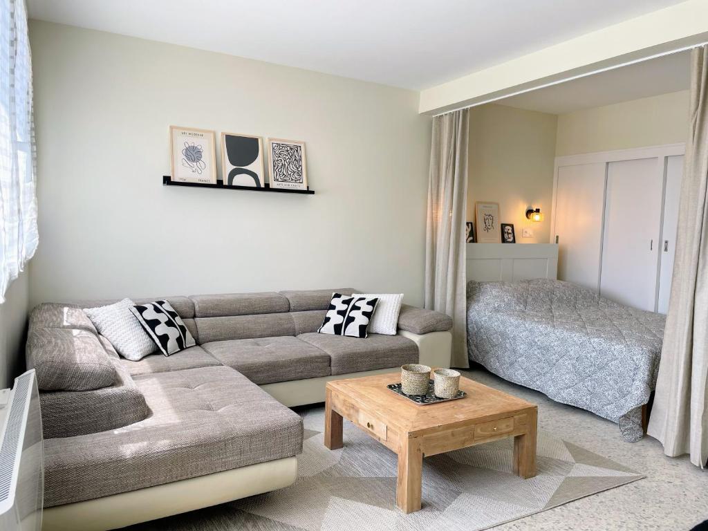 un salon avec un canapé et un lit dans l'établissement bel appartement proche plage, au Lavandou
