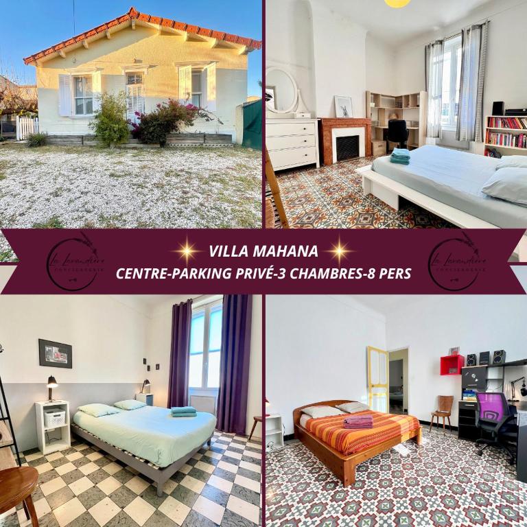 un collage de trois photos d'une chambre d'hôtel dans l'établissement Villa Mahana - Jardin, Centre-Ville, 8 personnes, 3 chambres, Parking, Clim, à Istres