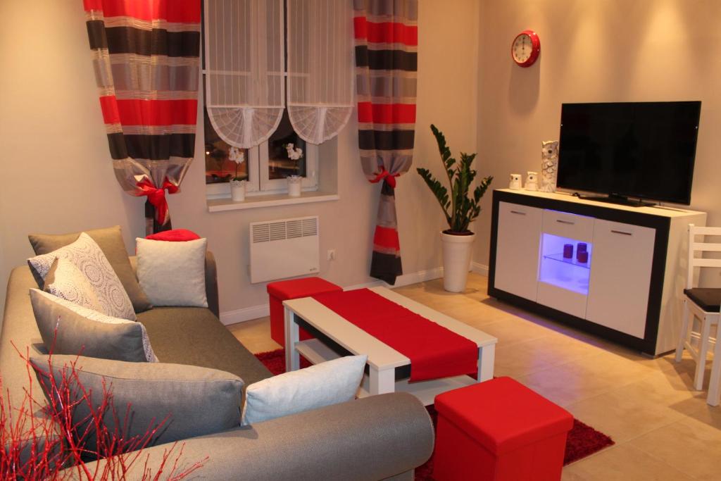 salon z kanapą i telewizorem w obiekcie Carmen Apartment w Krakowie